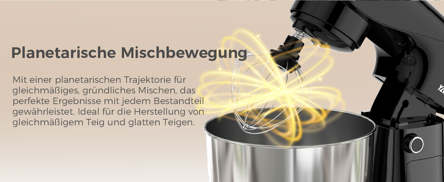 Кухонна машина YASHE 1500W з чашами 4.5 та 5L, 10+ швидкостей, нахильний корпус, гак для тіста, вінчик та насадка для збивання, багатофункціональна