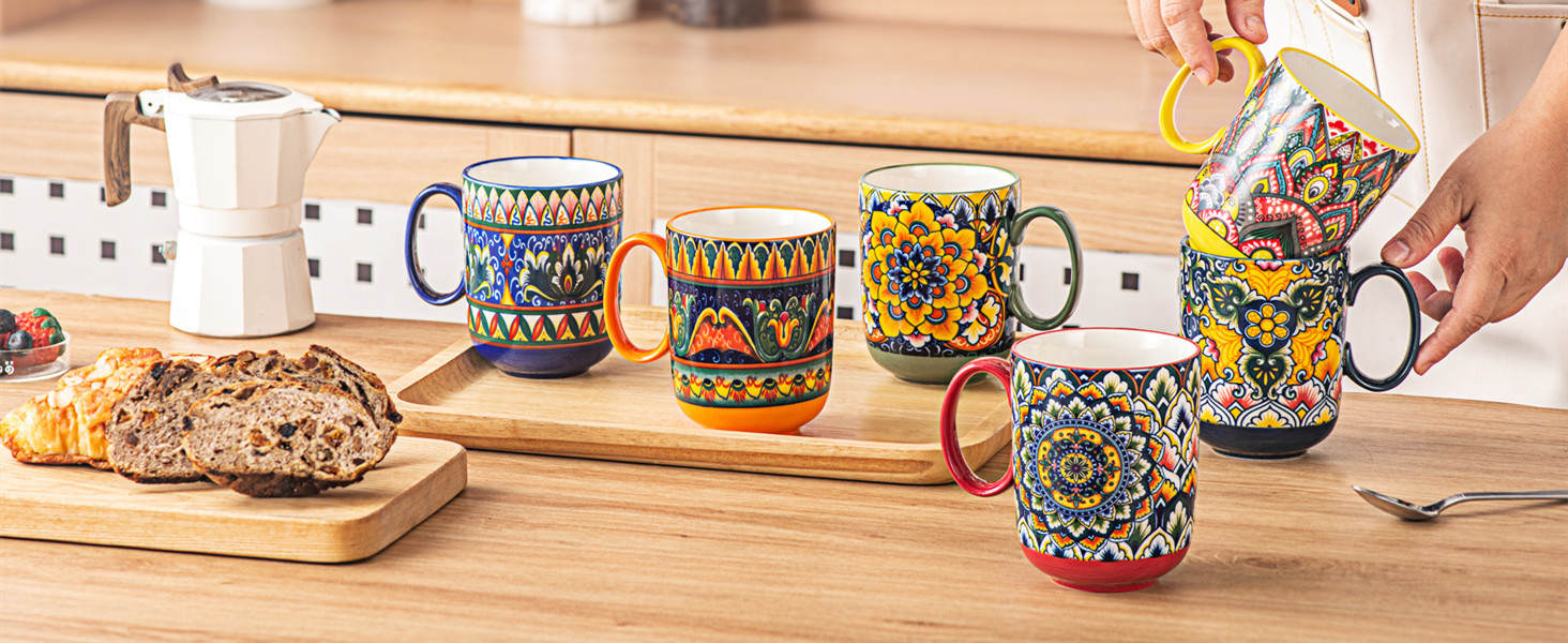 Набір чашок з порцеляни, керамічні чашки капучино/маг - посуд для 6 осіб, набір чашок для кави - богемний стиль (400мл)