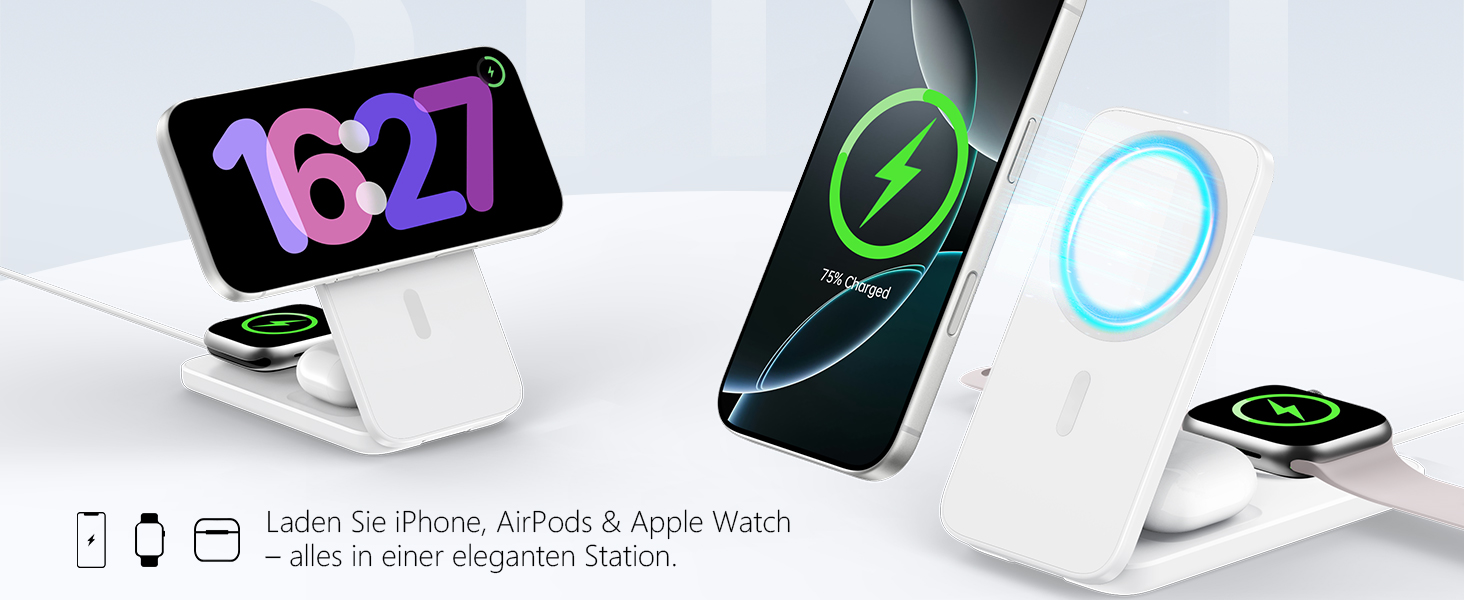 Магнітна зарядна станція 3-в-1 для Apple Watch та iPhone (17/16/15/14/13/12) + AirPods (4/3/2/Pro) - сумісна з MagSafe, біла