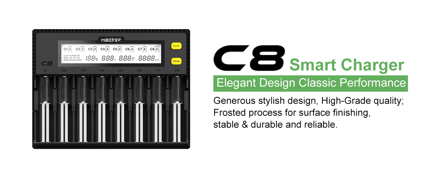 Зарядний пристрій для акумуляторів AUKSKY з LCD-дисплеєм (8 слотів) - універсальний заряд для NI-MH, NI-Cd, AA, AAA, 14500, 18350, 21700, 26650, Li-Ion, LiFePO4, RCR123A, 1.5A