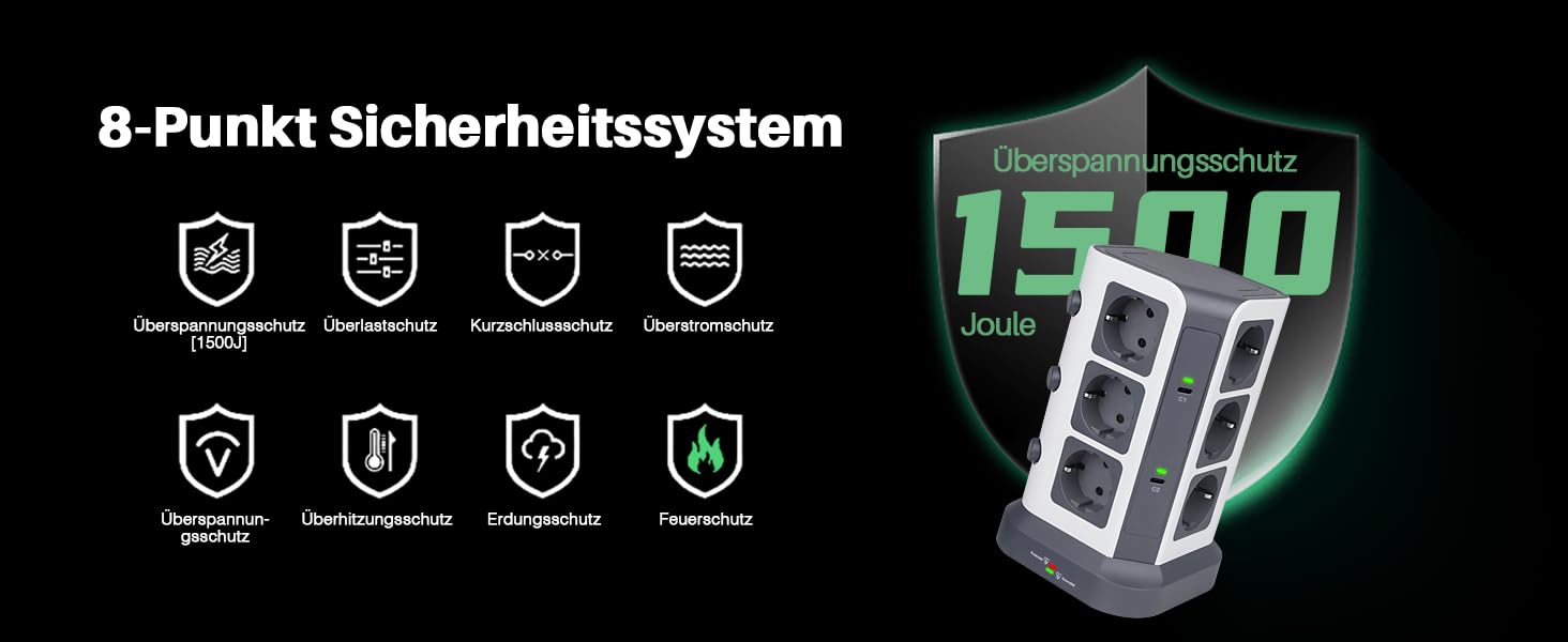 Блок розеток KOOSLA з USB-C, 12 розеток, 3680W/16A, захист від перенапруги (1500J), індивідуальне вмикання, сірий колір, 5м кабель, 65W PD USB-C, 2м