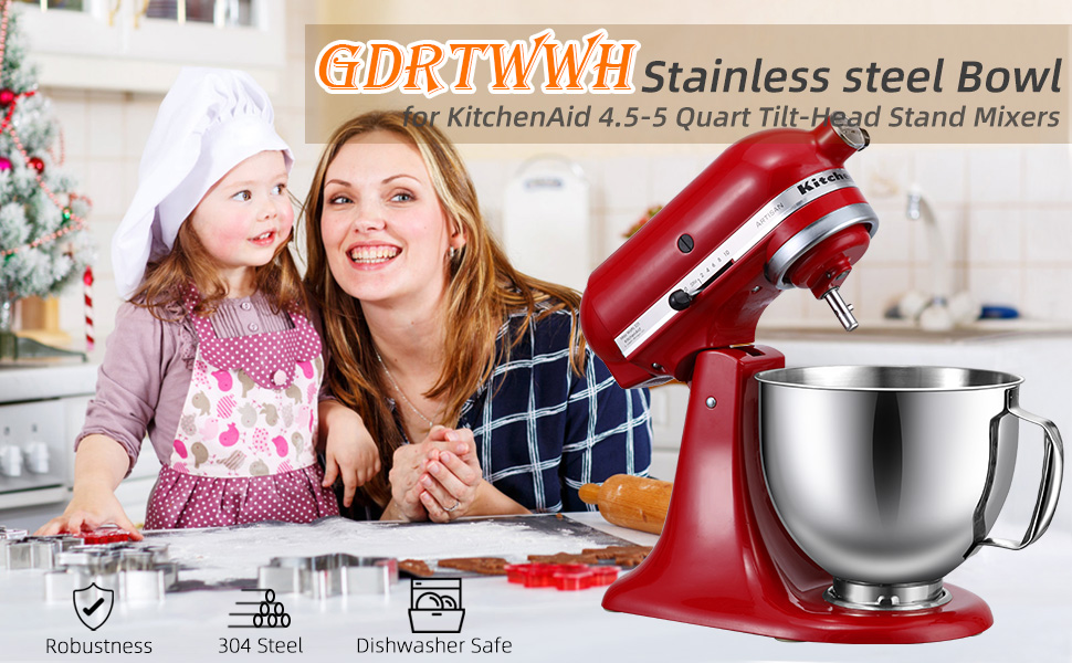 Миска з нержавіючої сталі для міксера KitchenAid 4,5–5 л, сумісна, змінна, підходить для міксерів з відкидною головкою, можна мити в посудомийній машині