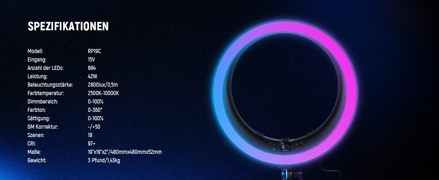 NEEWER Ringlicht RP19H 19 дюймів з триподом та 3 тримачами для телефону, RGB, 42W, CRI 97+, 2540 Lux, для стрімінгу, офісу, Zoom