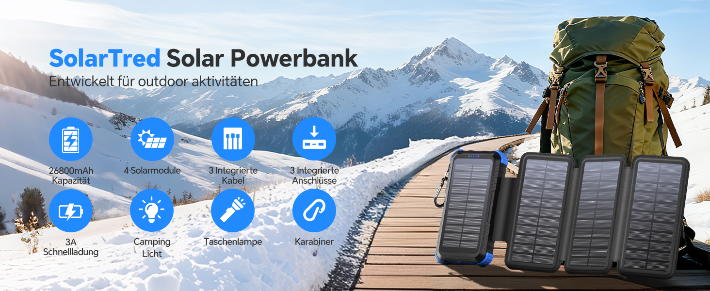 Powerbank Solar 26800mAh з USB-C, 5 виходів, водонепроникний, з карабіном та ліхтариком, для кемпінгу, телефонів та планшетів (блакитний)