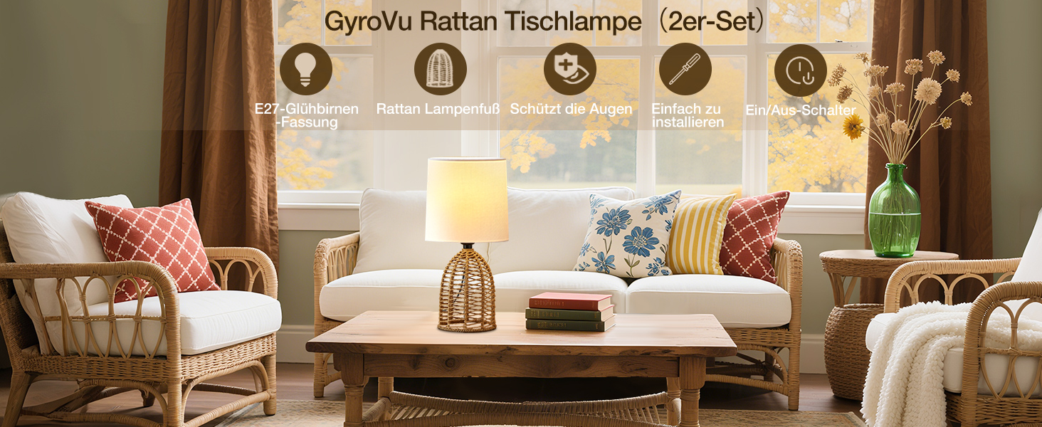Настільна лампа GyroVu з ротангу, 2 шт. в наборі, Boho стиль, цоколь E27, для спальні, вітальні, читання