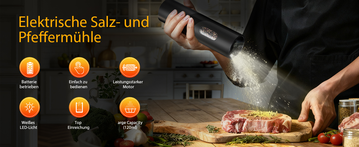Електричні соляні та перечні млини, верхнє завантаження, 5-рівневе регулювання помелу, об'єм 120мл, набір 2 шт. з підсвічуванням LED