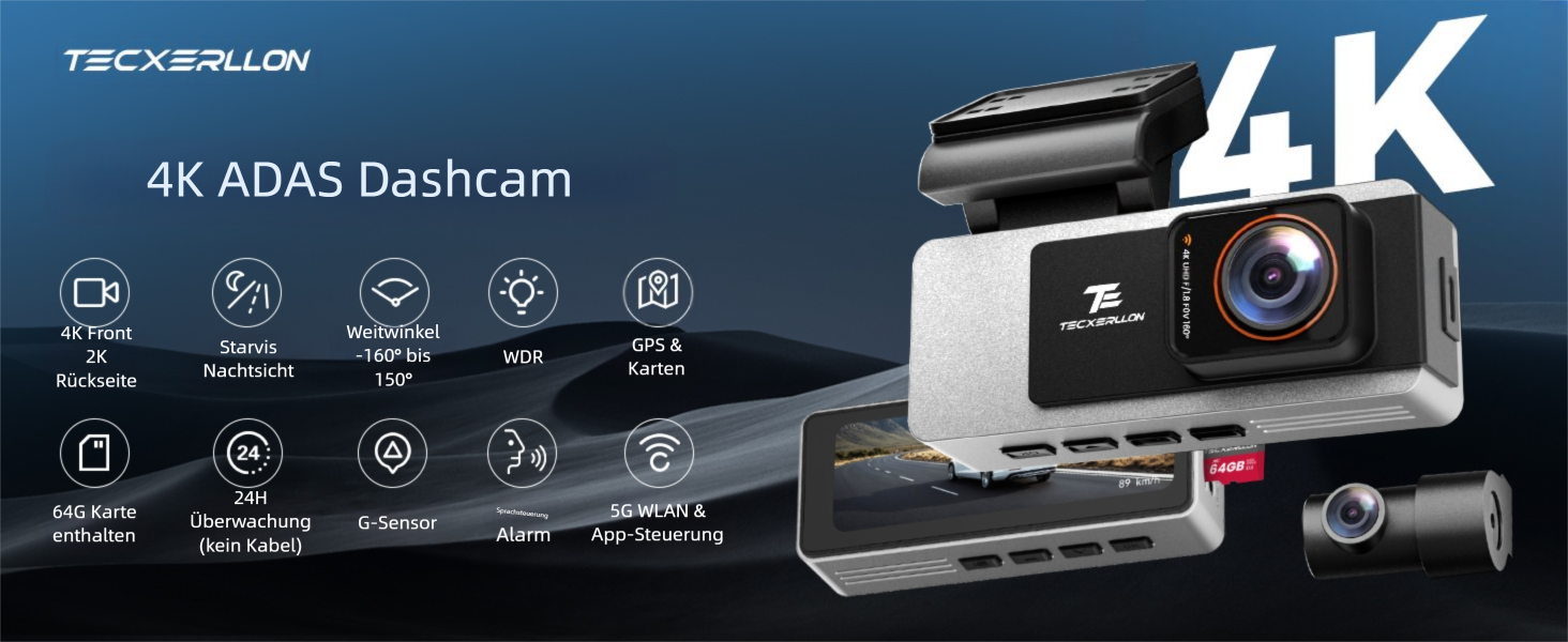 Автомобільний відеореєстратор TECXERLLON 4K Dual Dashcam (передній та задній), нічна зйомка Starlight, GPS, WDR, G-сенсор, режим паркування 24г, кут 160°/150°, карта пам'яті 64ГБ у комплекті