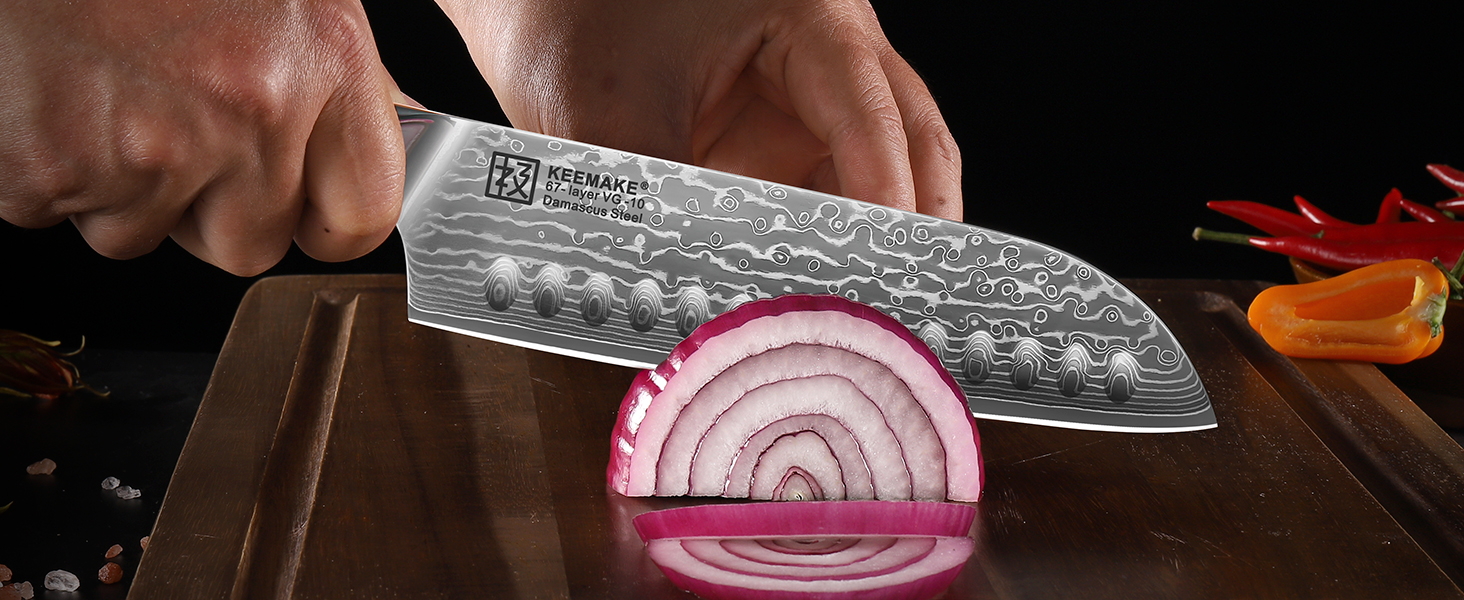 Ніж Santoku Keemake Damastmesser 17.8 см, професійний кухонний ніж з дамаської сталі (67 шарів) для м'яса та риби, ніж для шеф-кухаря 18 см
