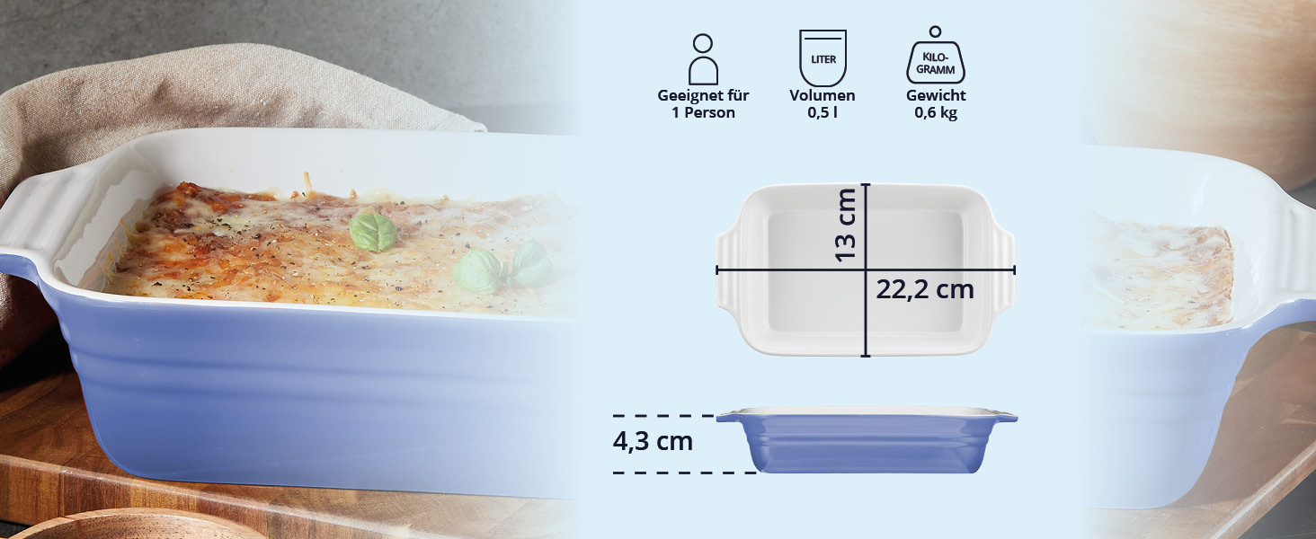 Форма для запікання велика 40 см, на 4-6 осіб, об'єм 3 літри, керамічна прямокутна форма для запікання, стійка до подряпин, для лазаньї, тірамісу та іншого (набір 4 шт. (22 см), світло-блакитна)