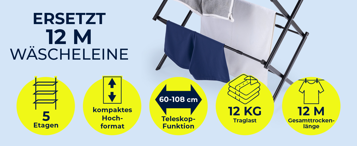 Телескопічна сушарка для білизни EASYmaxx 1200, розсувна сушарка для одягу (довжина 12 м, ширина до 108 см)