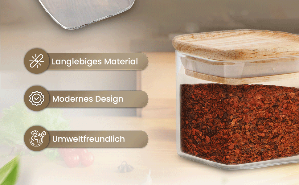 Stackable Spice Jars Set 150 ml Square - 12 Pieces - Airtight Glass Storage Containers - Bamboo Wood Lids - with Labels & Chalk Pen - Spice Storage, Kitchen Organization, Storage Jar