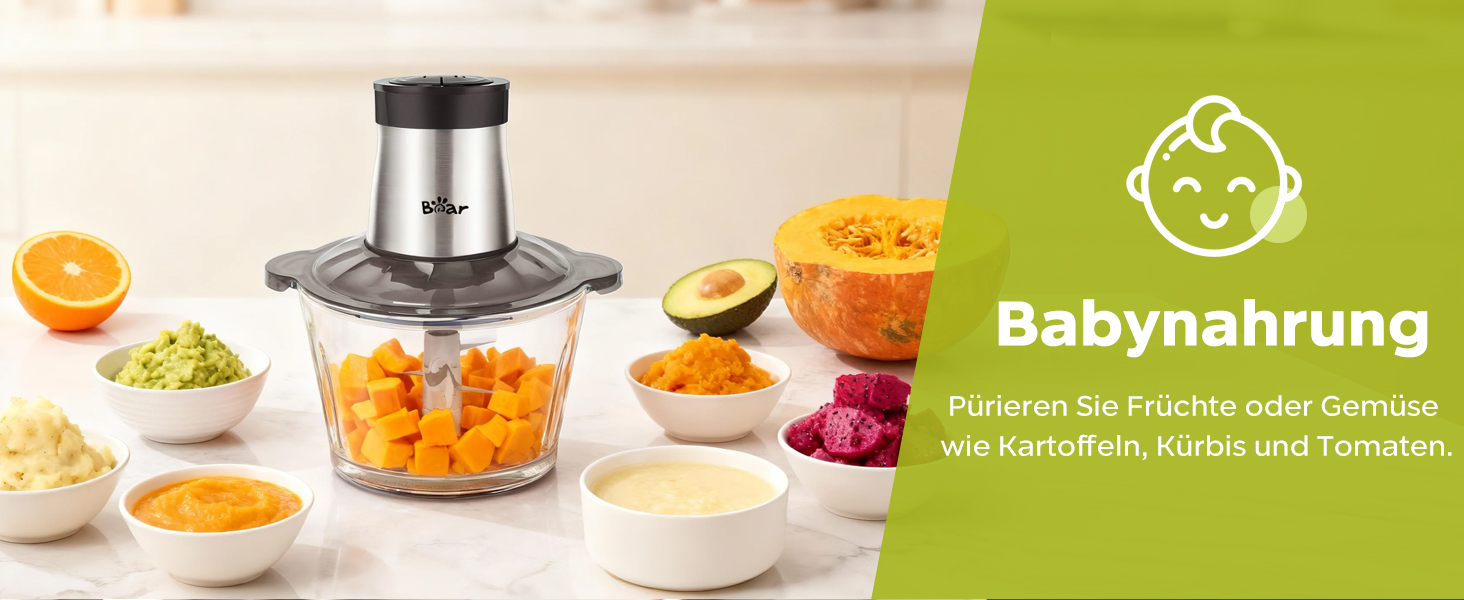 Електричний подрібнювач Bear 2L+1.8L з м'ясоподрібником, 600W, 2 швидкості, 4 леза з нержавіючої сталі, скляна ємність для м'яса, дитячого харчування, фруктів та овочів