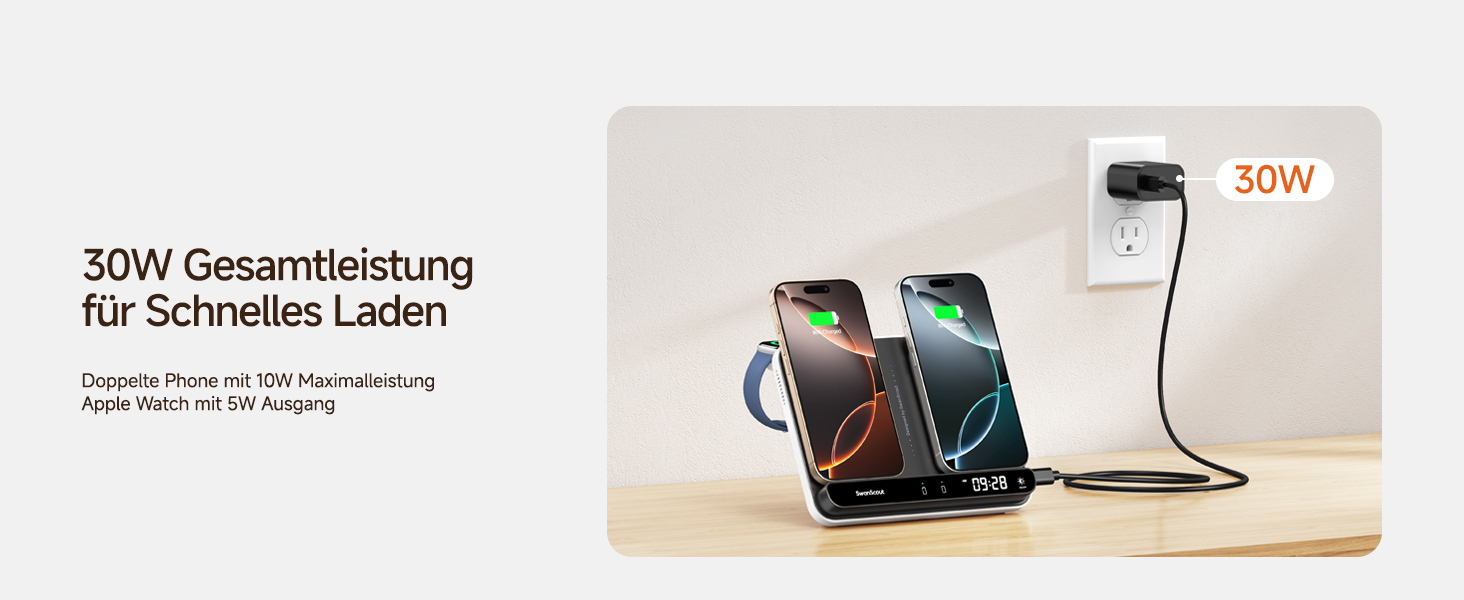Зарядна станція SwanScout 710A для iPhone 17/Air/15/14/13/12/11 та Apple Watch/AirPods, бездротова зарядка 2 в 1