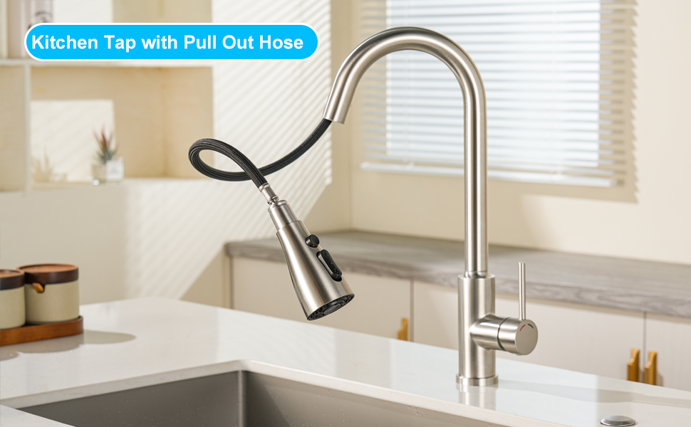 Змішувач для кухні SREWOHS PRO 4 з висувною лійкою, 4 режими розпилення, високий тиск, нержавіюча сталь, 360° обертання, високий вилив, однорідний змішувач, кухонний змішувач з одним отвором (нікель)