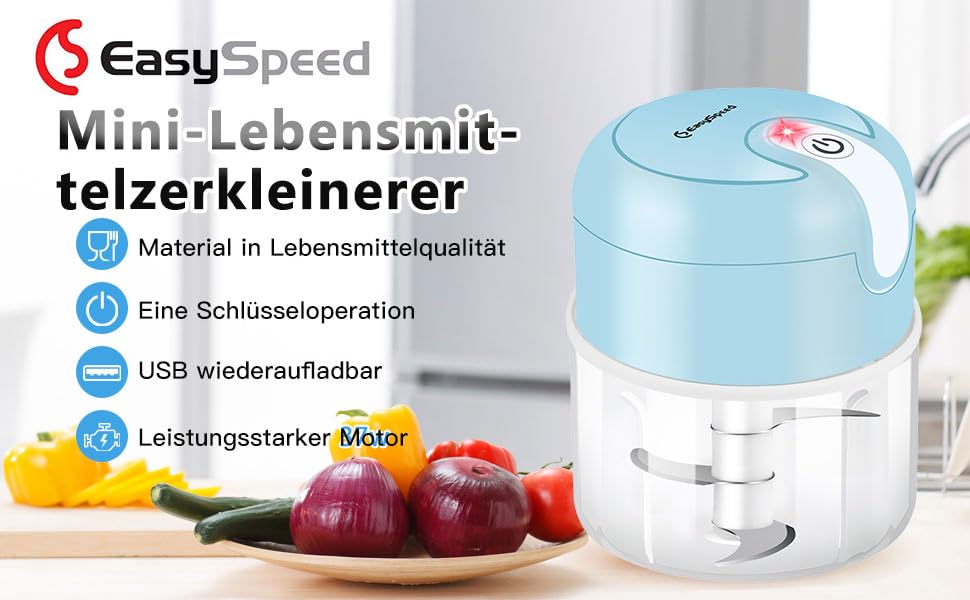 Електричний міні-подрібнювач EASYSPEED Zerkleinerer: 250 мл, для м'яса, овочів, дитячого харчування, кемпінгу (блакитний)