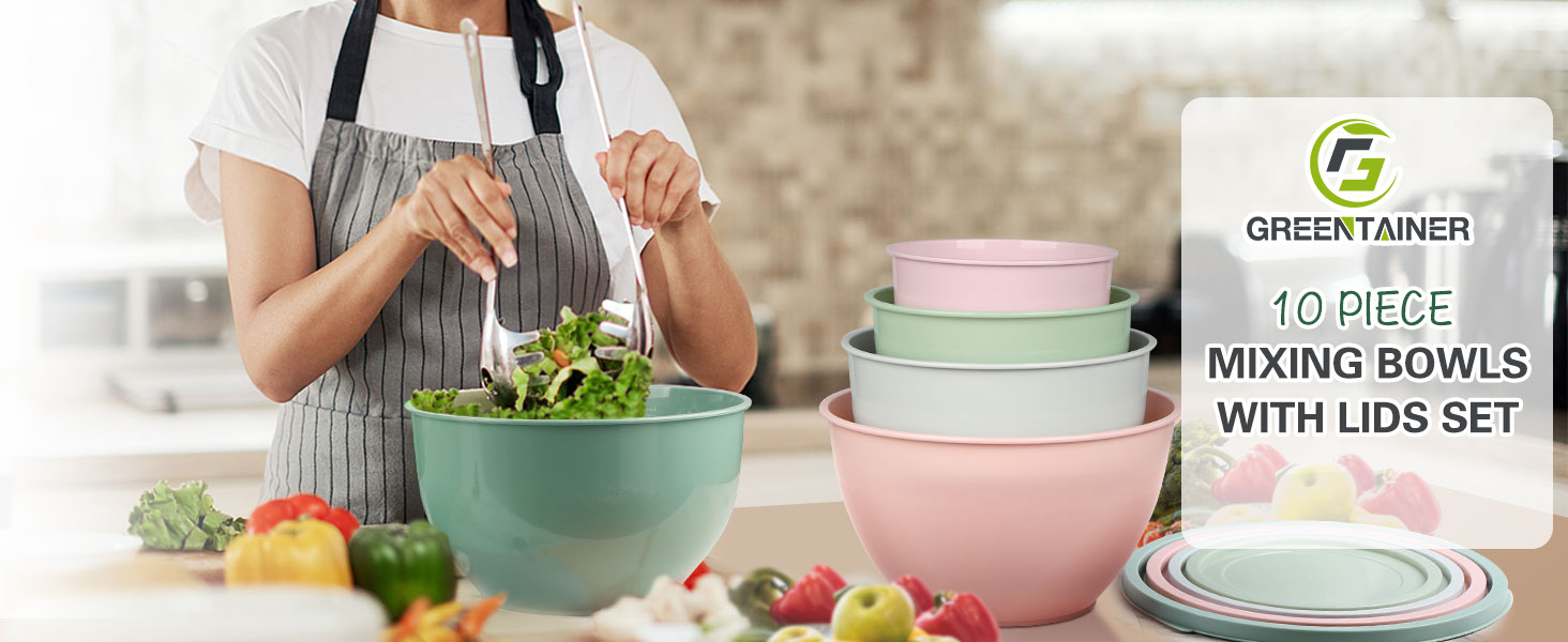 Набір салатниць з кришкою, набір мисок для перемішування з пластику, складні миски для кухні, великий набір мисок, сервіровочні миски ідеальні для змішування та подачі, BPA-free, світло-сірий
