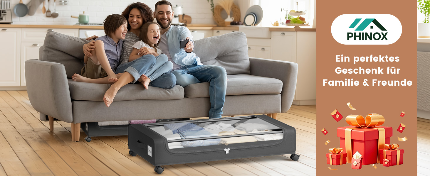 Коробки для зберігання під ліжко PHINOX з колесами, 2 шт (74x42x16 см) - місткі контейнери для одягу, взуття, іграшок з прозорою кришкою