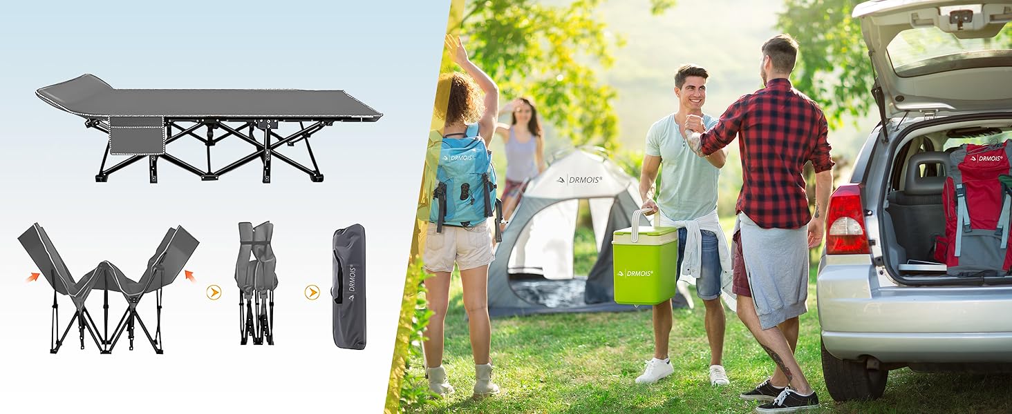 Розкладне ліжко для кемпінгу DRMOIS: велике (XXL), 81 см, вантажопідйомність 400 кг, з ізольованим килимком, сіре