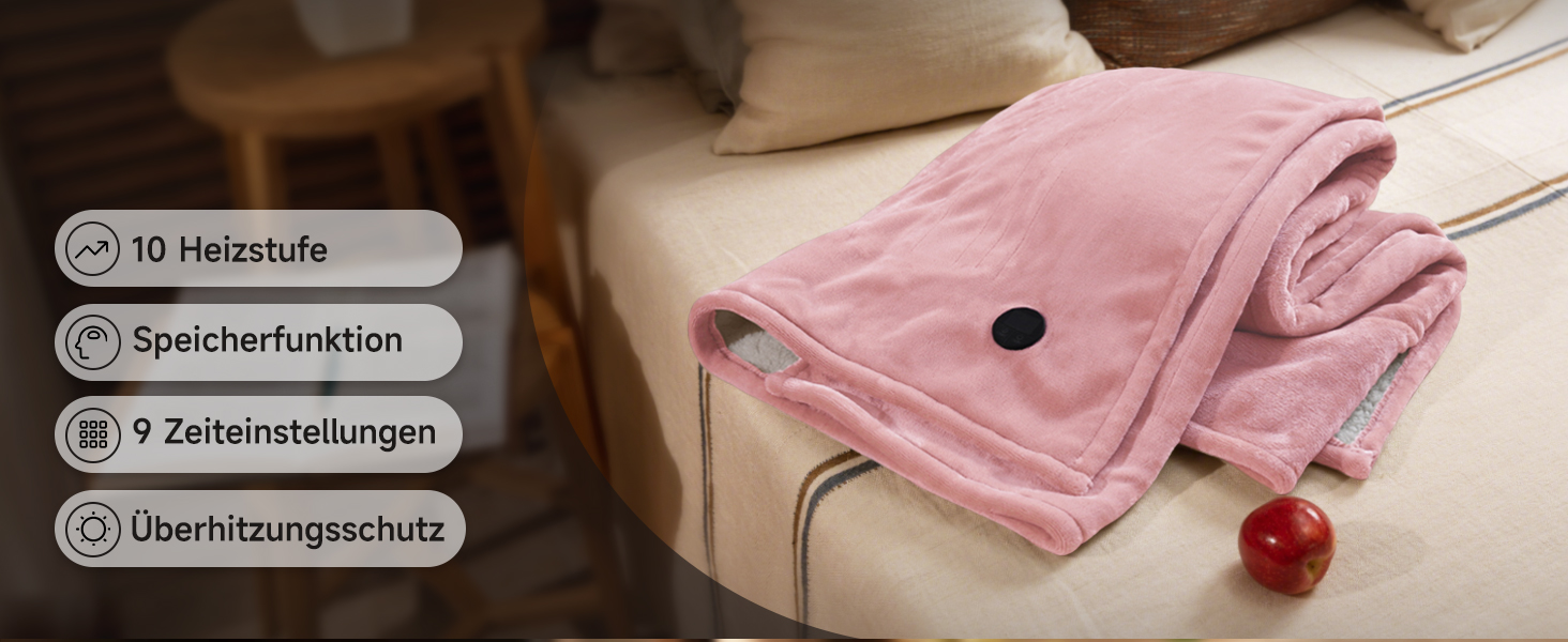 Електрична ковдра GOTCOZY 130x180 см з 10 рівнями нагріву та таймером, рожева
