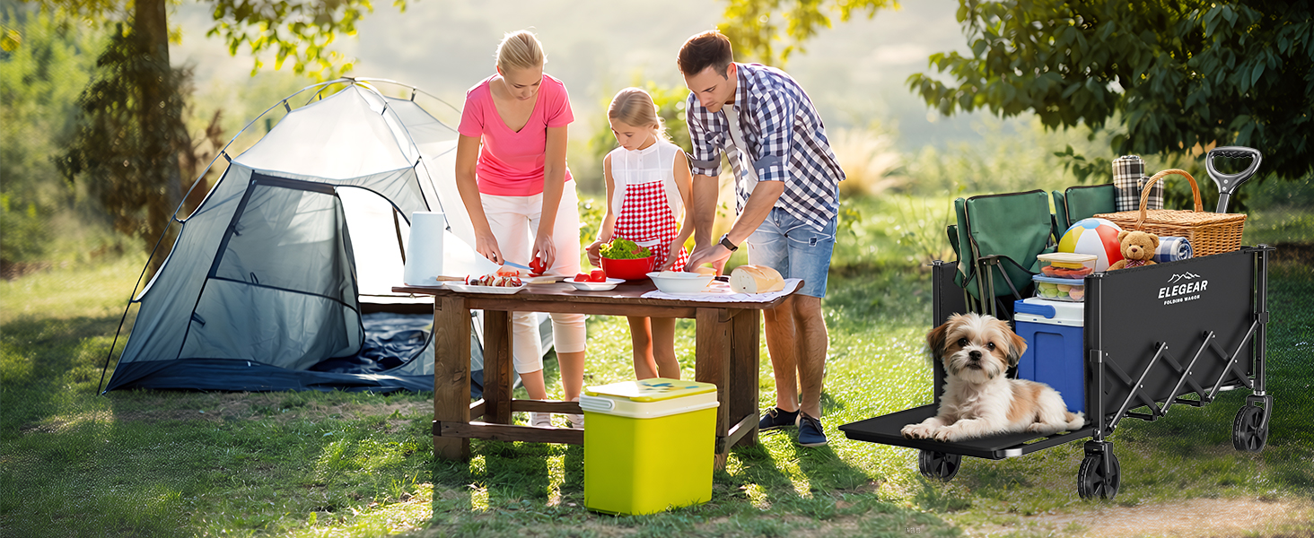 Візок пляжний Elegear складний 140л, вантажопідйомність 150кг, з гальмами, 2 тримачі для напоїв, 2 бічні кишені, чорний - для саду, пляжу, кемпінгу