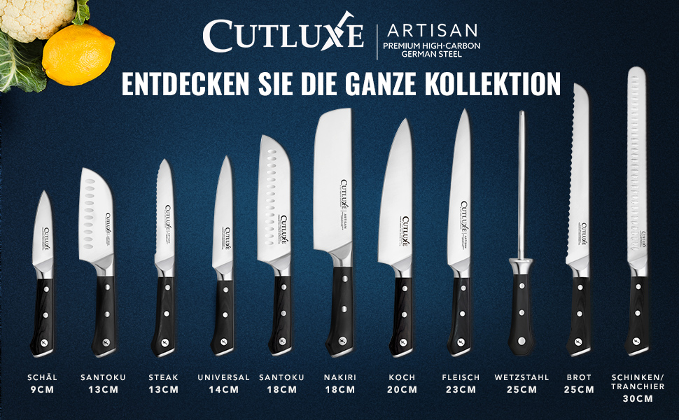 Набір ножів CUTLUXE Artisan Serie 8 предметів з бруском: кухарський ніж, сантoku, ніж для м'яса та інші. Виготовлено з високоякісної вуглецевої сталі, повнорозмірний клинок, блок з натурального акації.