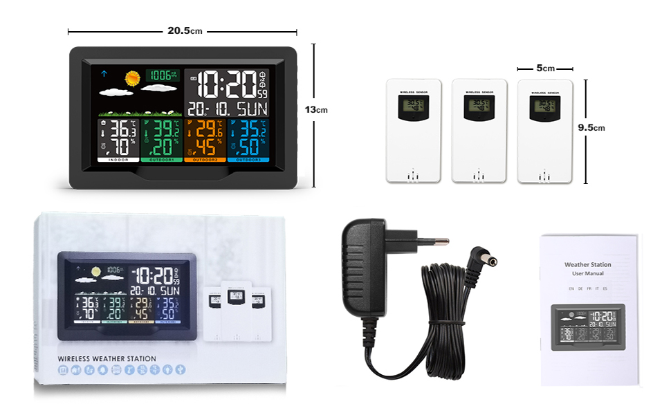 Jelly Weather Station Radio with 3 Outdoor Sensors, Color Display, Radio Weather Stations Indoor Thermometer Hygrometer Outdoor Thermometer Station, Radio Weather Station with Weather Forecast, Temperature, Humidity