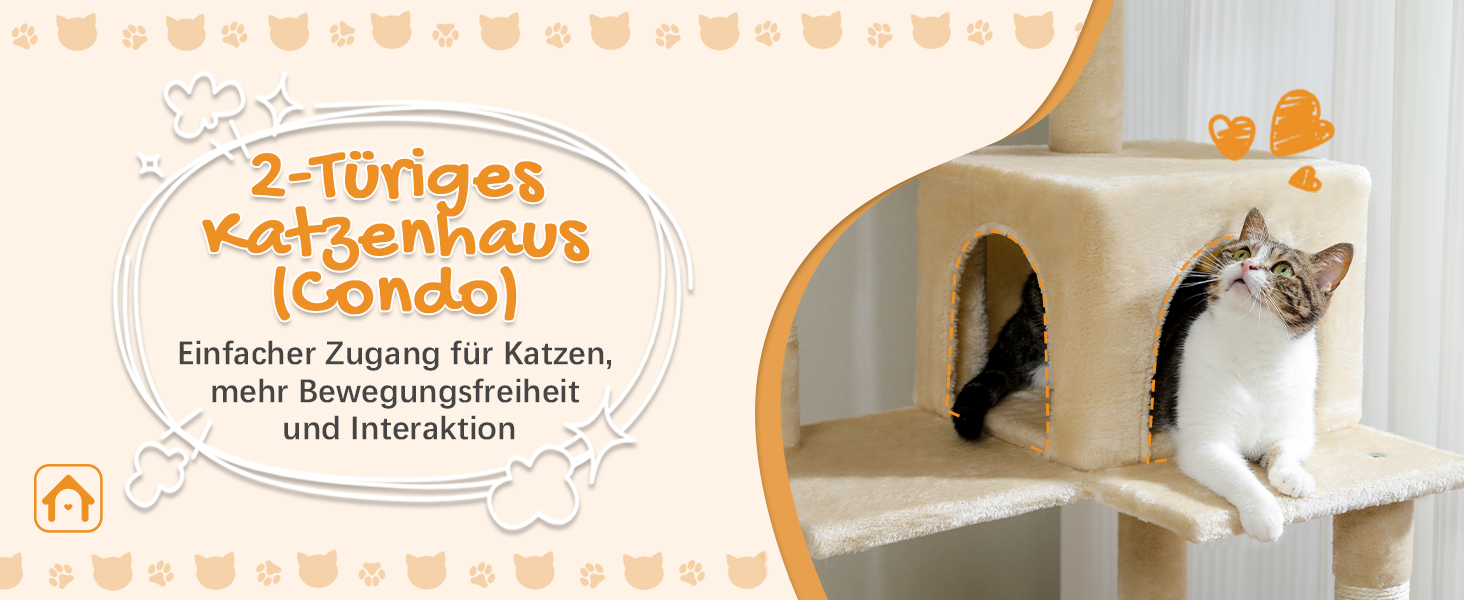 Комплекс для котів PAWZ Road з металевою гамаком, будиночком з 2 дверима та 6-ярусними полицями для лазіння, 143 см, бежевий