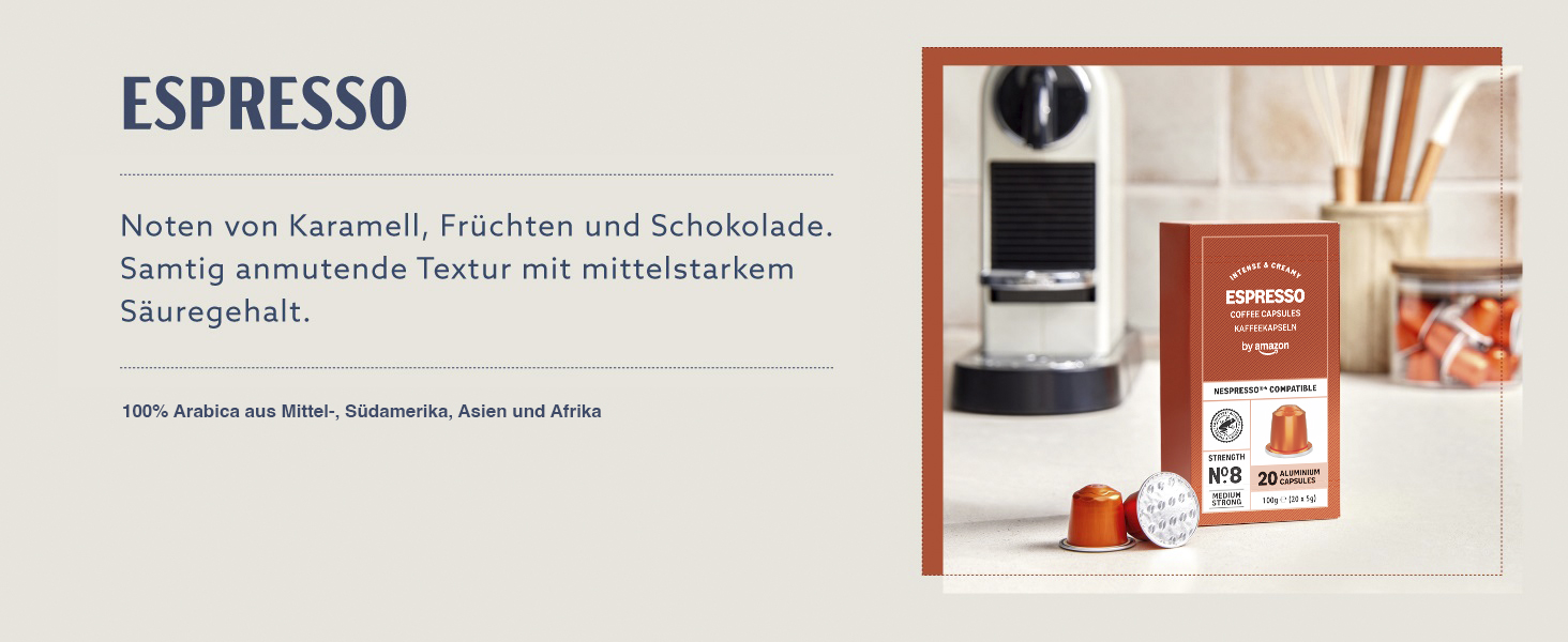 Кавові капсули для еспресо by Amazon з алюмінію, сумісні з Nespresso, світле обсмаження, 100 шт (5 упаковок по 20 шт), сертифіковані Rainforest Alliance