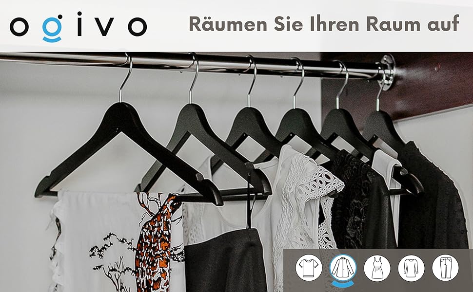 Плечики для одягу OGIVO з дерева, набір 10 шт. – обертовий гачок 360°, витончені вирізи на плечах, натуральне дерево (бук, береза, сосна, верба)