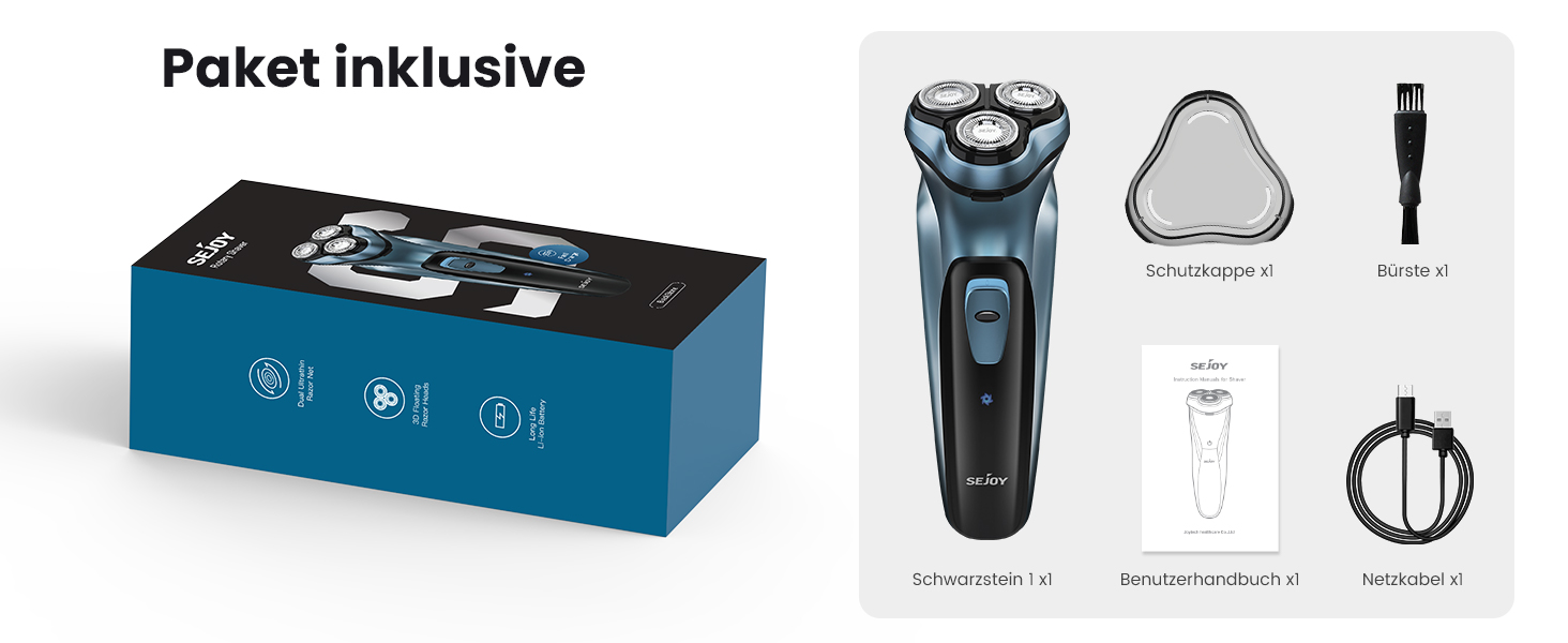 Електричний чоловічий бритва Sejoy, сухою, з підзарядкою, з висувним тримером, швидка зарядка за 1 годину, 3D плаваюча головка, LCD дисплей (синій)