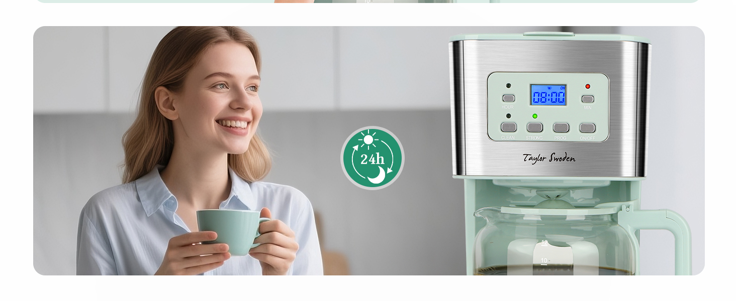 Кавомашина Taylor Swoden Darcy 950W з таймером, 1.5л, 12 чашок, автоматичне відключення, захист від протікання, багаторазовий фільтр, BPA-free, зелена