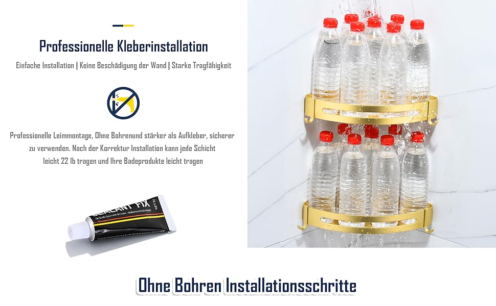 Поличка для душу без свердління, кутова поличка для ванної кімнати з алюмінію Space, трикутна корзина для душу з гачками, органайзер для шампуню, антикорозійна (2 шт., піскоструминне золоте покриття)