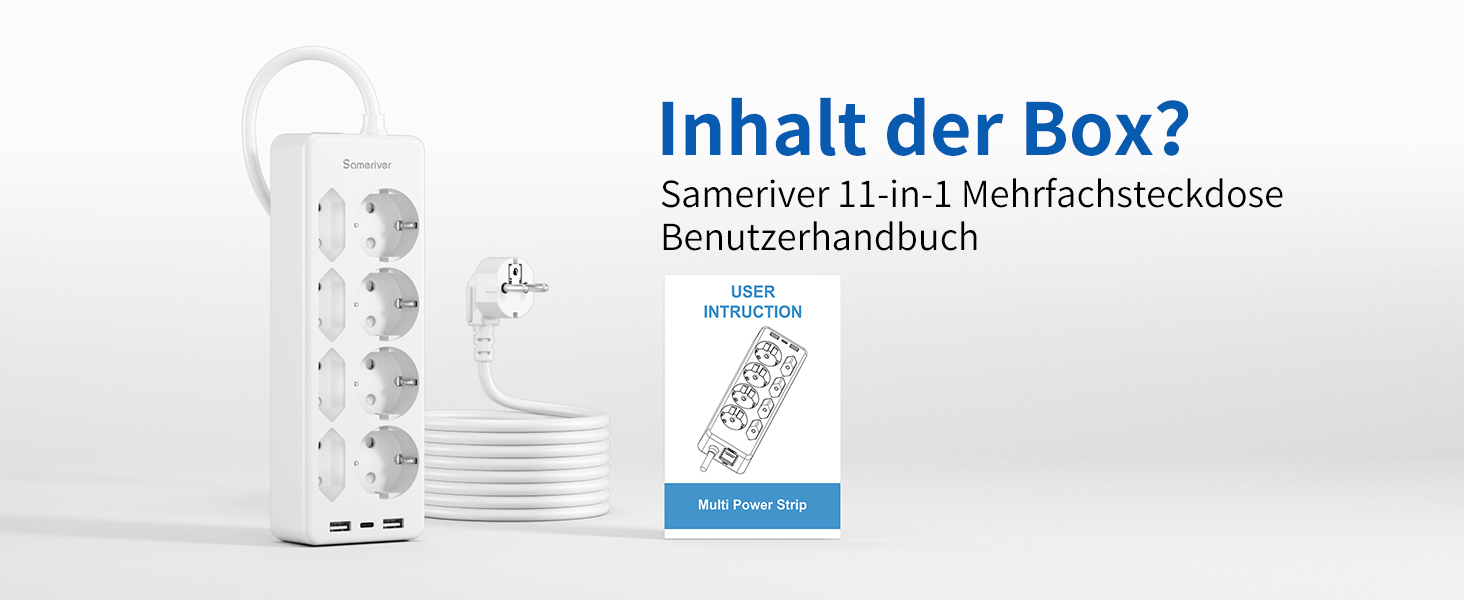 Мережевий фільтр Sameriver на 8 розеток з захистом від перенапруги, 3 USB-порти, вимикач, кабель 3м, білий
