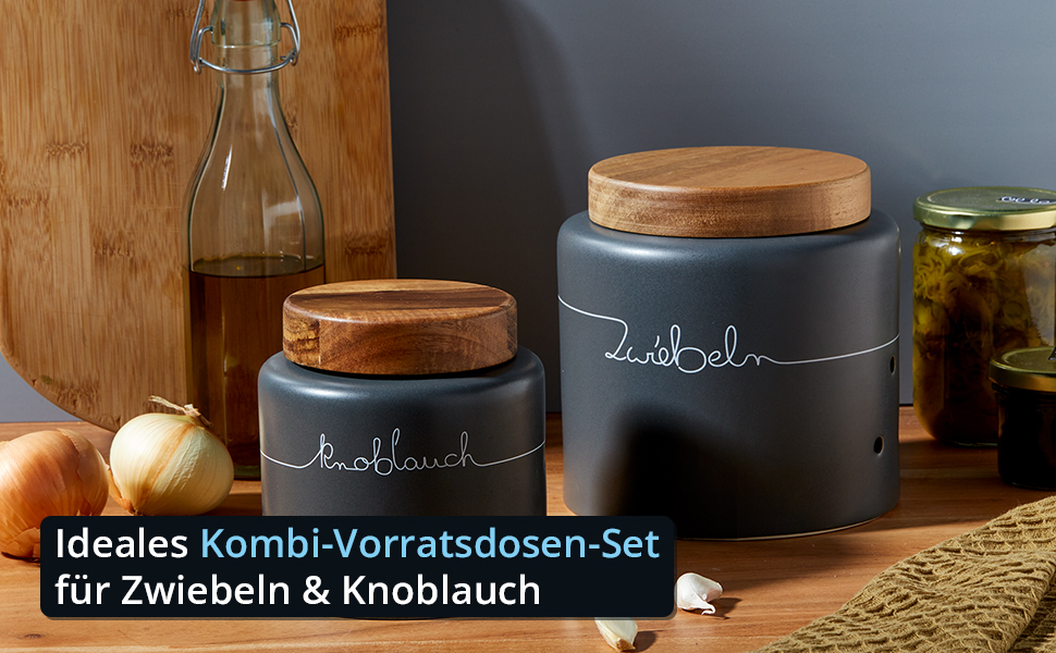 Набір контейнерів для зберігання KHG для кухні сірого кольору антрацит з дерев'яними кришками, керамічні контейнери для продуктів, з маркуванням, набір органайзерів для кухні, без пластику та світлонепроникні (набір для цибулі та часнику)