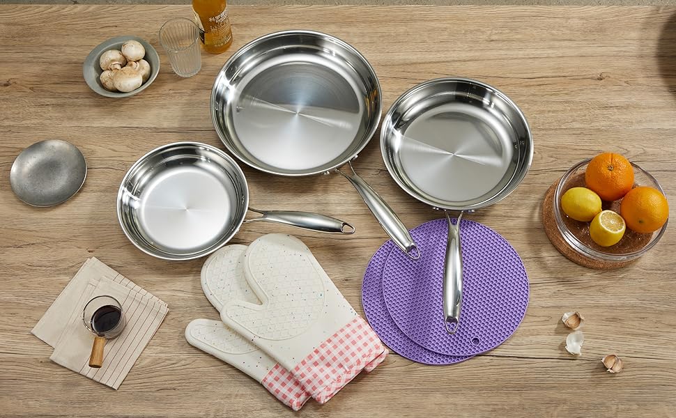 Набір сковорідок SanheKit з нержавіючої сталі, 3 шт. (8, 10, 12 дюймів), професійний, індукційний, для плити та духовки