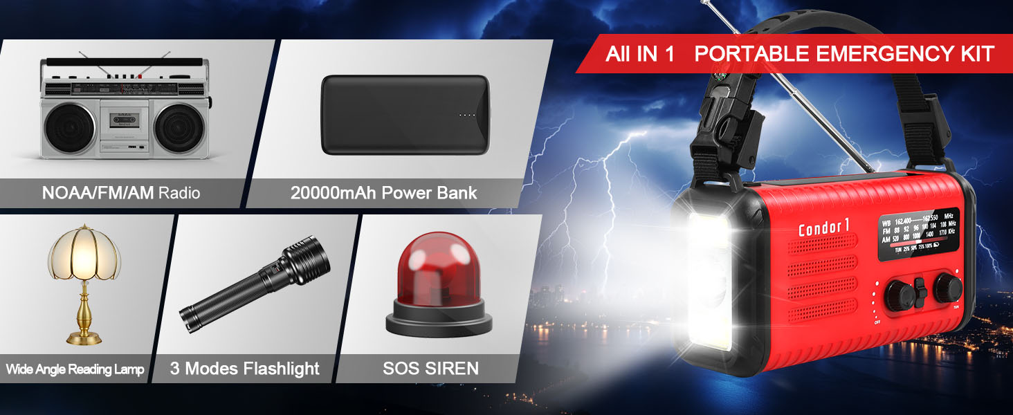 Радіо Kurbelradio на сонячній енергії 20000mAh з AM/FM, SOS-сигналом, LED-ліхтариком та USB-зарядкою, червоне