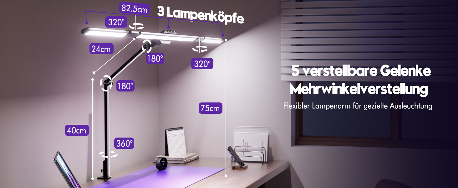 Настільна LED лампа Quntis 82.5 см з кліпсою, датчиком руху, пультом, сенсорним управлінням, 3 лампи, 182 LED, захист очей, диммер, для офісу, дому, ПК