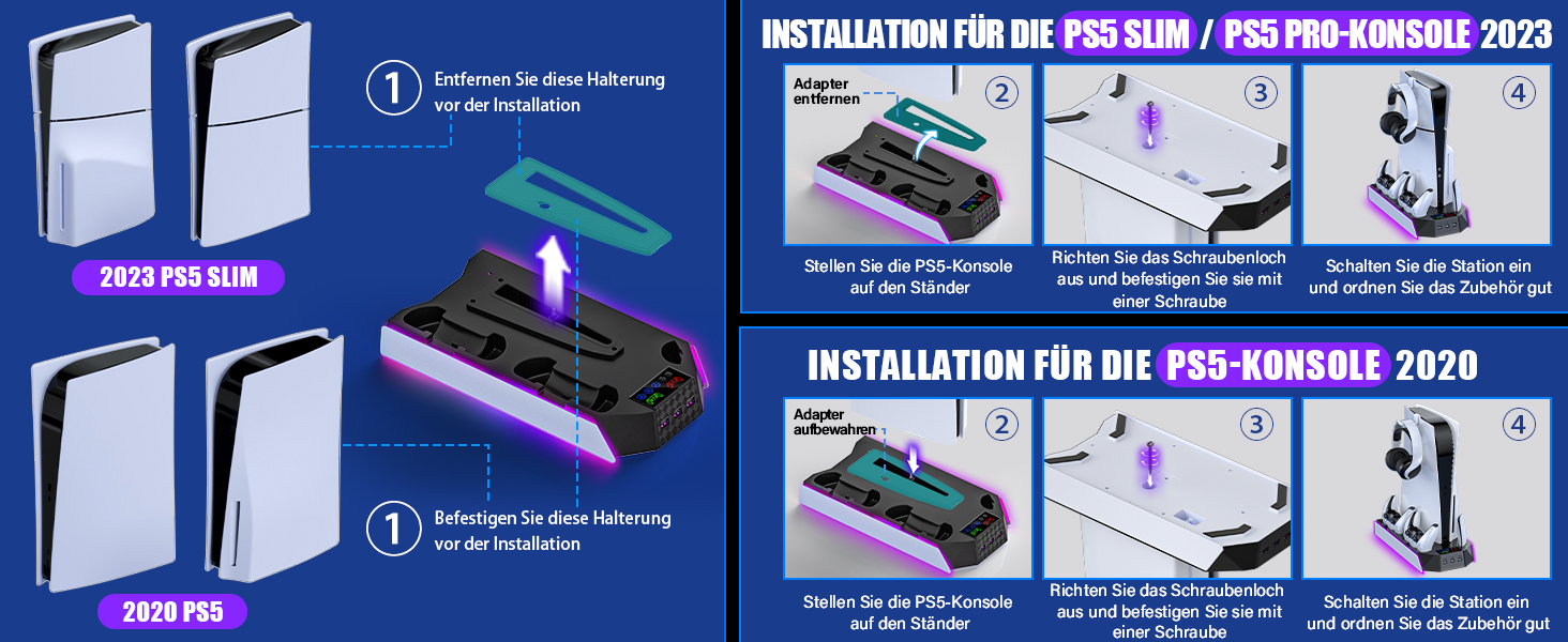 Підставка для PS5 Slim/Pro з зарядною станцією для контролера PlayStation 5 (Disc/Digital), аксесуари PS5 з RGB підсвіткою, вентилятор, тримач для навушників, USB хаб, чорно-білий, Q511