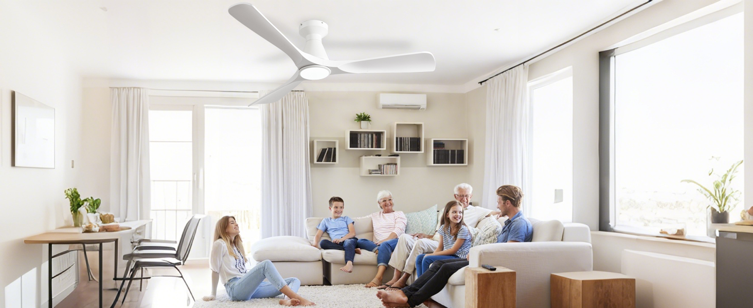 Стелянка вентилятор Depuley 42 дюйми з підсвічуванням: 3 лопаті, врізний монтаж, для спальні. Диммування, керування через додаток, тихий DC-двигун, таймер. Білий колір.