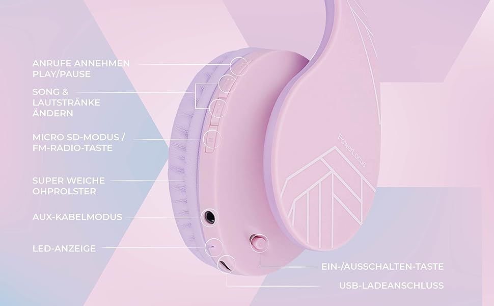 Дитячі навушники PowerLocus Bluetooth з обмеженням гучності 85dB, складні, з чохлом, Over-Ear, бездротові та з кабелем, з мікрофоном, Micro-SD, для телефону, ПК, планшета, зелені (рожево-фіолетові з вушками)