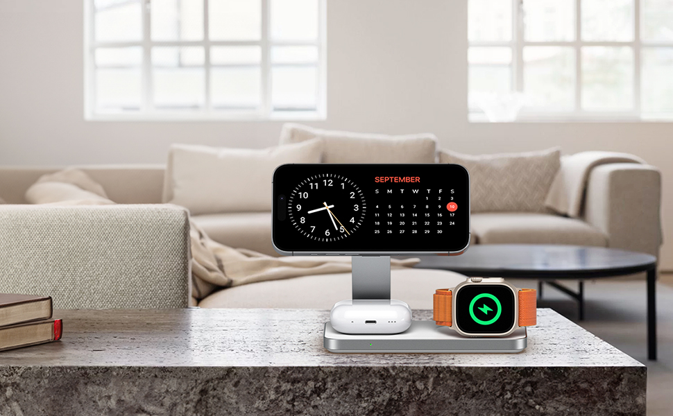 Бездротова зарядка Induktive з підтримкою MagSafe, 3-в-1 для iPhone 17/16/15/14/13/12, Apple Watch та AirPods, 20W, білий колір