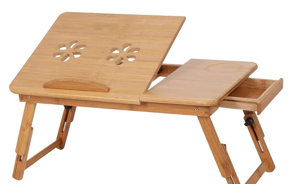 Бамбуковий портативний стіл-підставка для ноутбука з ящиком та вентиляційними отворами, регульований, багатофункціональний для ліжка та дивану