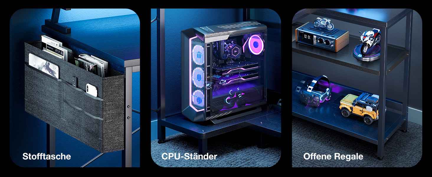 Ігровий стіл L-подібний Coleshome з LED-підсвічуванням та розетками, 120x80 см, з полицею, чорний, для офісу/робочого кабінету