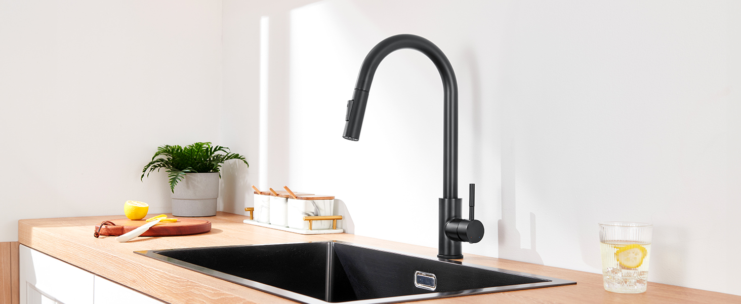 Змішувач кухонний Lonheo з висувною лійкою, високий поворотний кран для кухні з нержавіючої сталі, двофункціональний, для мийки, матовий чорний