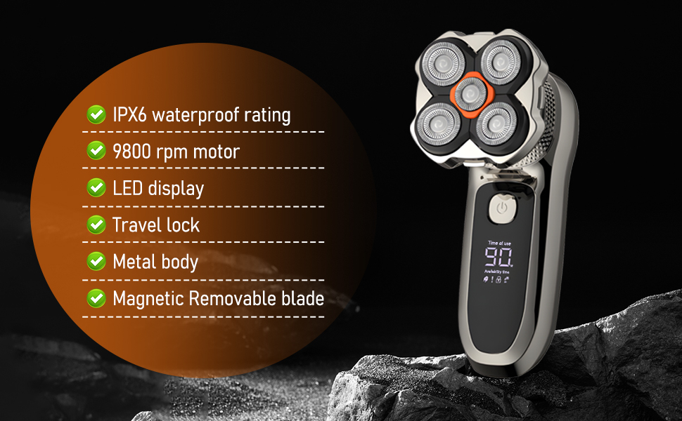 Електричний гоління для чоловіків Glatzen 6-в-1 з тримером для носа, для сухого та вологого гоління, USB-C, LED дисплей, IPX6