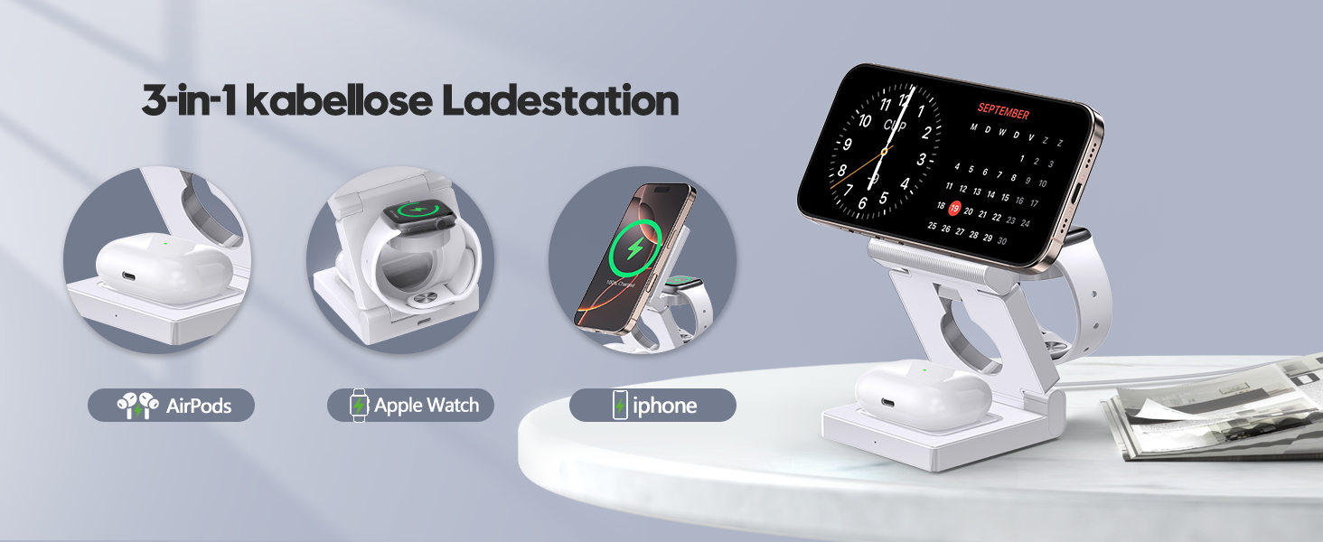 3-в-1 Бездротова зарядка з підтримкою MagSafe для iPhone, Apple Watch та AirPods (біла)