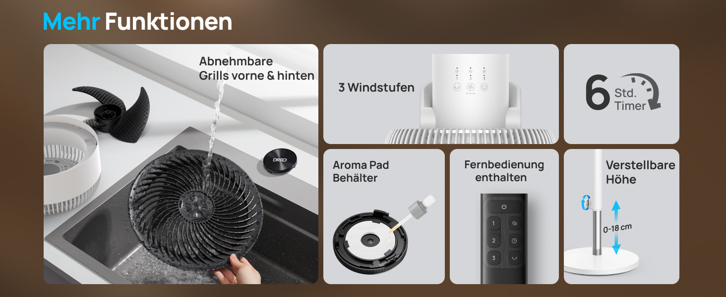 Дрео Безшумний підлоговий вентилятор з осциляцією, 1444 м³/год, 3 швидкості, таймер 6 годин, пульт дистанційного керування, циркуляція повітря за 3 хвилини, функція ароматерапії, білий