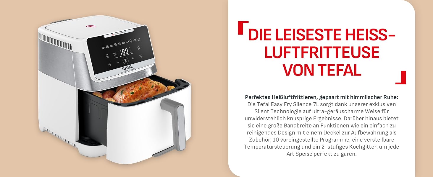 Фритюрниця Tefal Easy Fry Silence 7л, біла - аерофритюрниця з тихим режимом, 10 програм, до 8 порцій EY8421E0