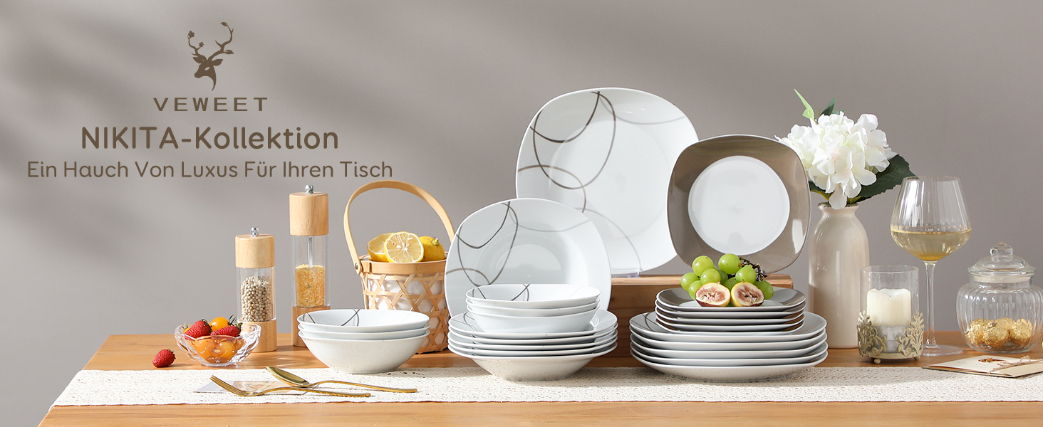 VEWEET Сервіз столовий 'Нікіта' з порцеляни, 24 елементи | Комплект посуду включає миски, десертні тарілки, тарілки для їжі та супові тарілки | Сервіз для 4-12 осіб, 24 елементи