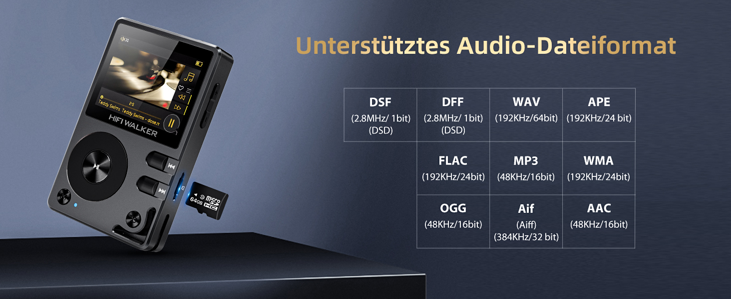 HIFI WALKER H2 MP3 плеєр з Bluetooth 5.2, DSD DAC Hi-Res FLAC плеєр, 64GB пам'яті, розширюваний до 512GB